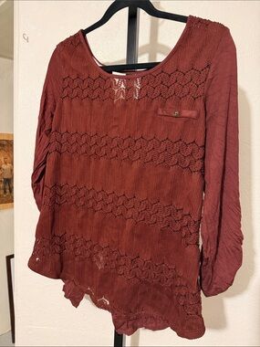 Maurices Women's Long Sleeve Crochet Panel Tee in Brick